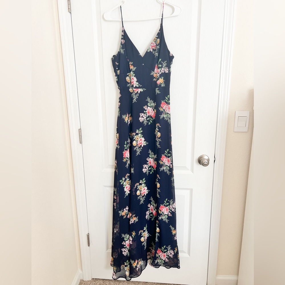 Navy Blue Floral Long Tie Back Dress